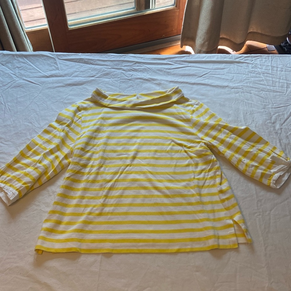 Talbot's size large petite yellow and white striped blouse with bow sleeve